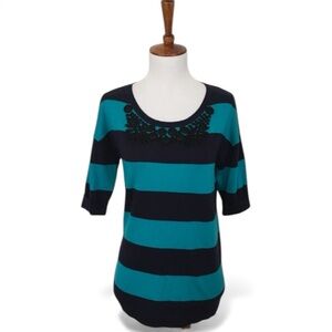Boden‎ Striped Knit Top US 2 Embellished Scoop Neck Knit Tee Navy Teal